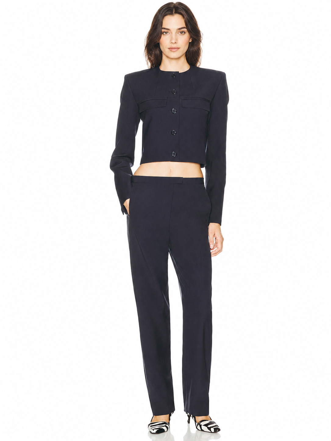 Women’s Black Cropped Button-Up Jacket with Structured Shoulders