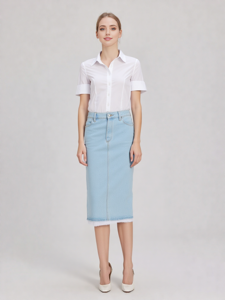 Lace Trim Denim Midi Skirt