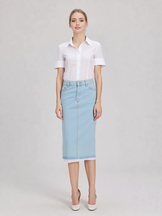 Lace Trim Denim Midi Skirt