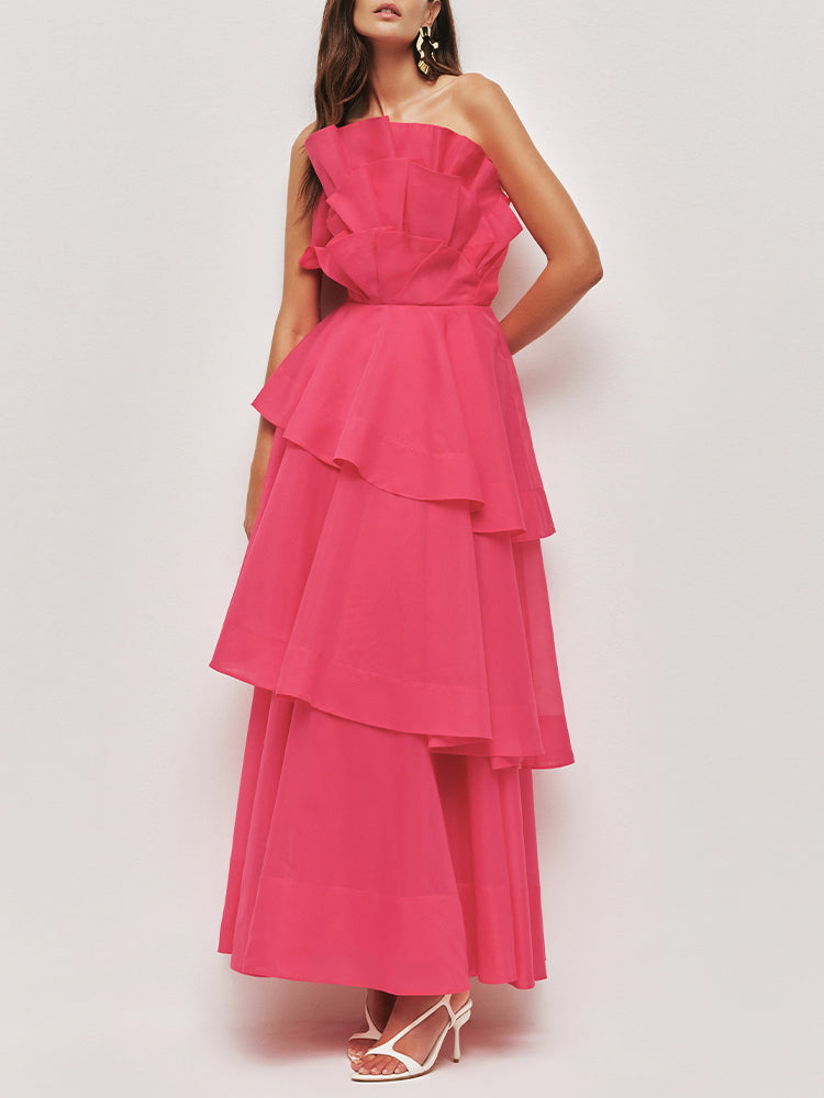 Light Blue Strapless Tiered Ruffle Maxi Dress
