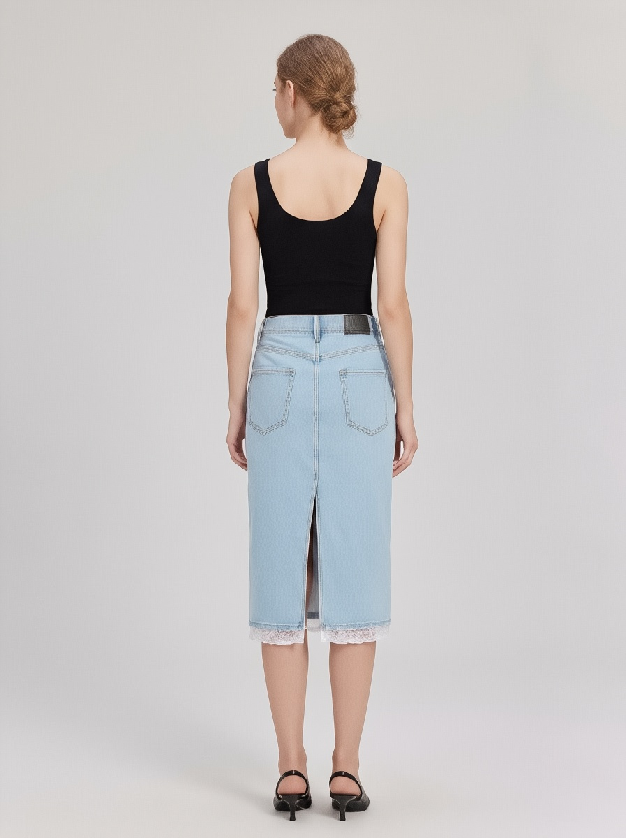 Lace Trim Denim Midi Skirt