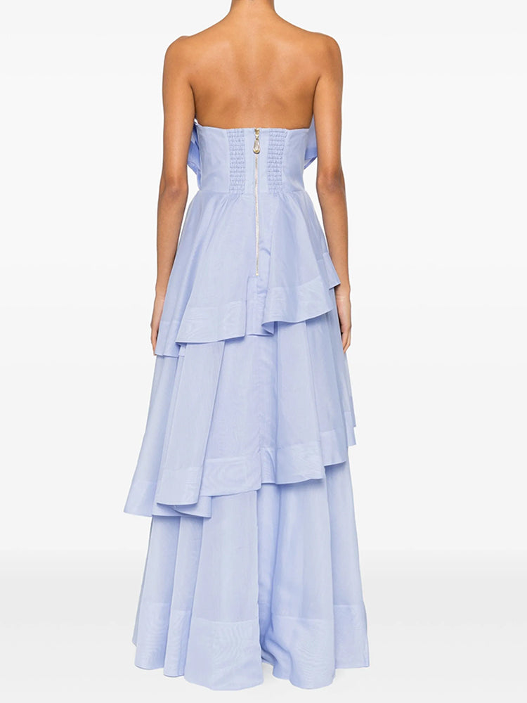 Light Blue Strapless Tiered Ruffle Maxi Dress