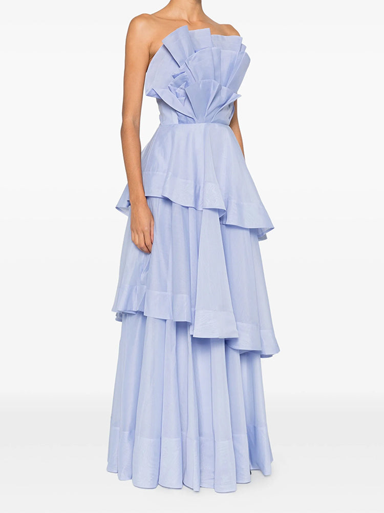 Light Blue Strapless Tiered Ruffle Maxi Dress
