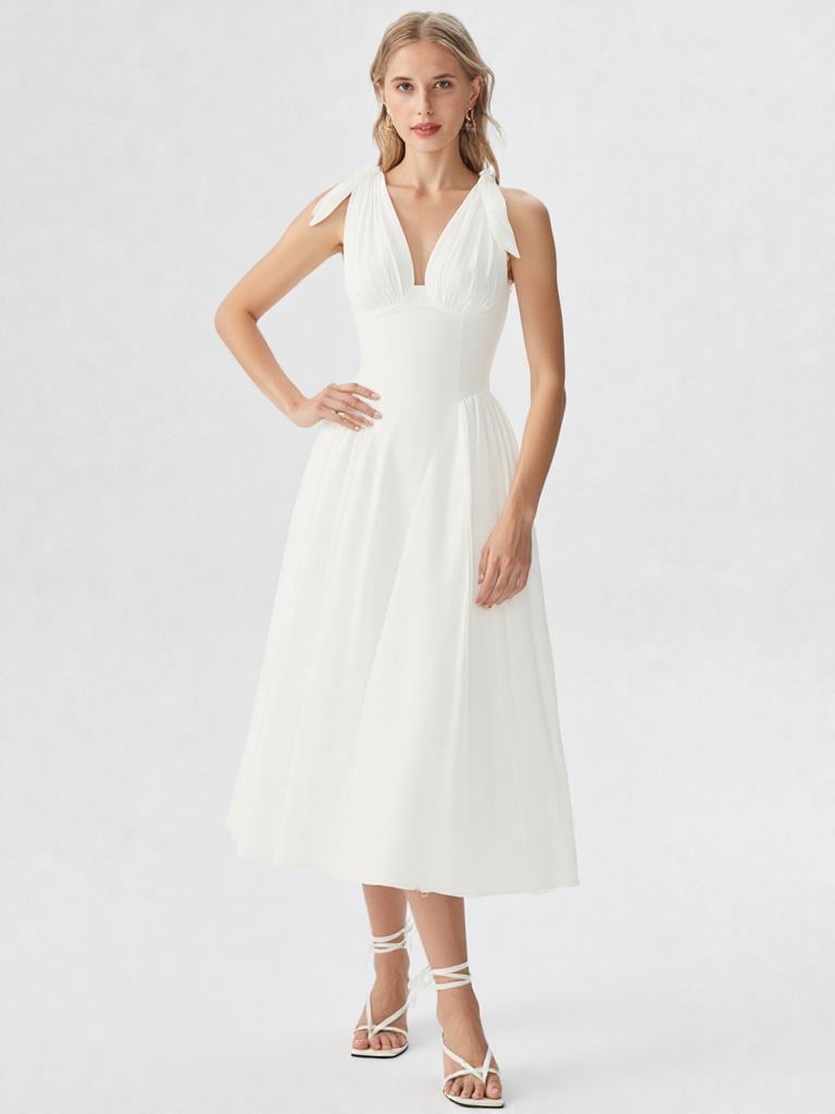 White Chiffon Bow-Strap Midi Dress