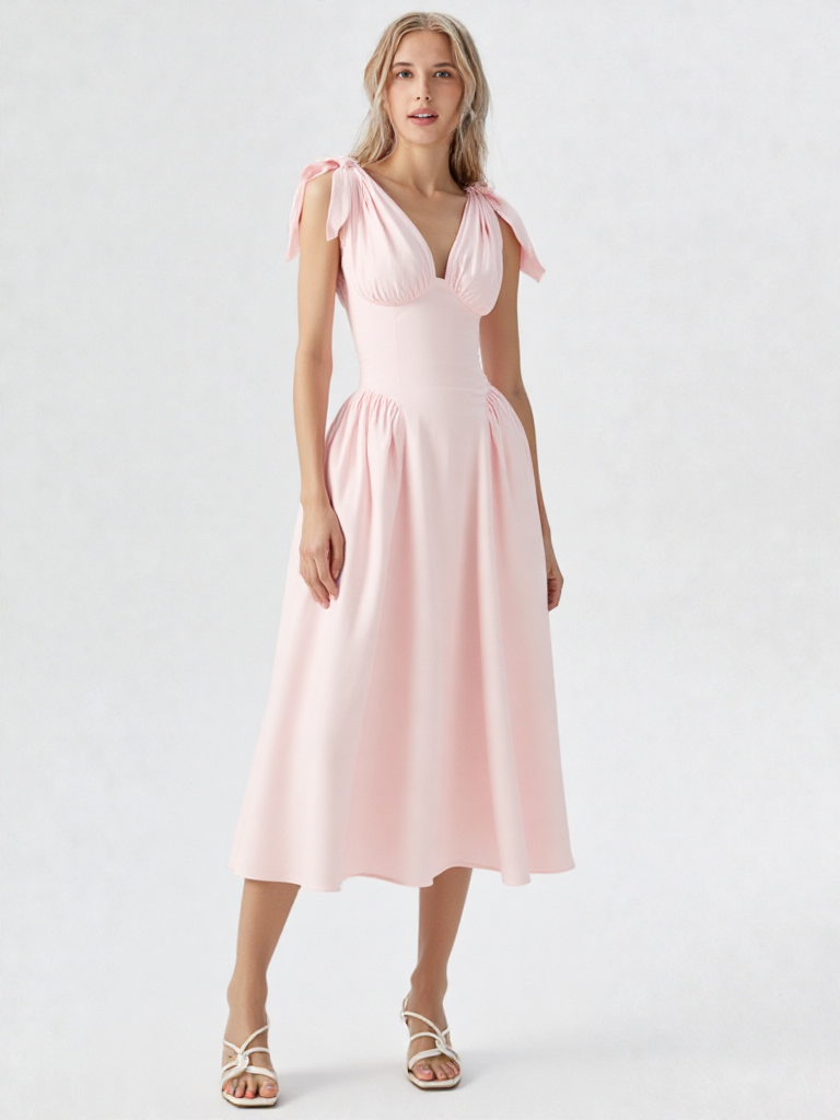 White Chiffon Bow-Strap Midi Dress