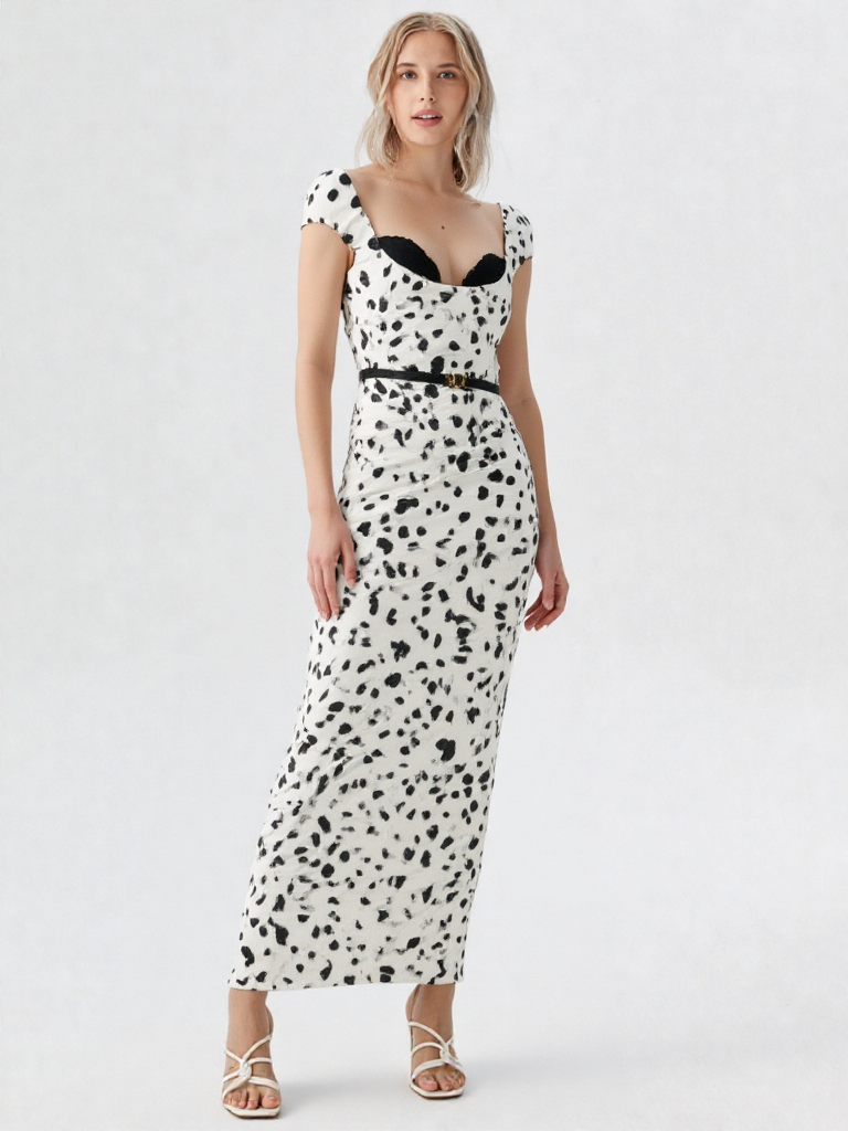 Vintage Dalmatian Print Fitted Sheath Midaxi Dress