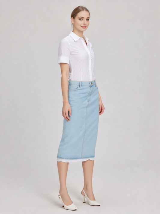 Lace Trim Denim Midi Skirt