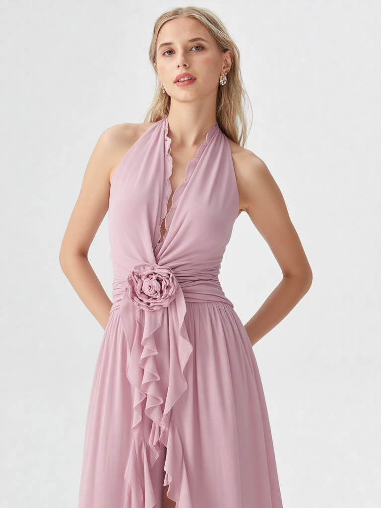 Deep V Ruffle Trim High Slit Party Gown