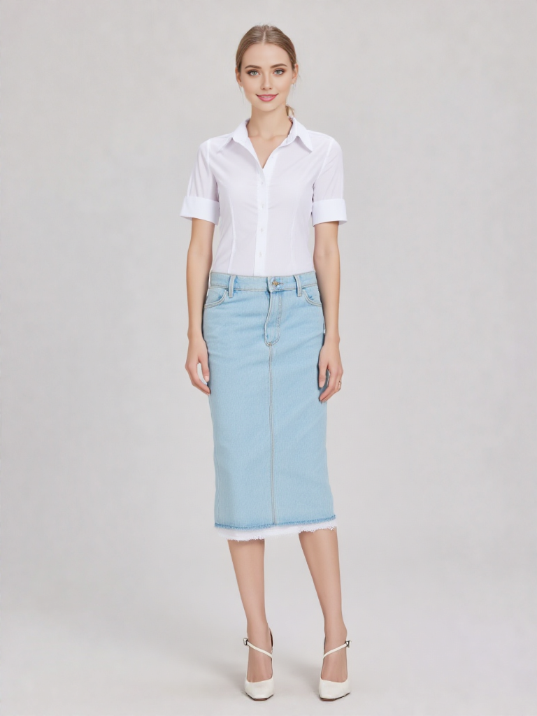 Lace Trim Denim Midi Skirt