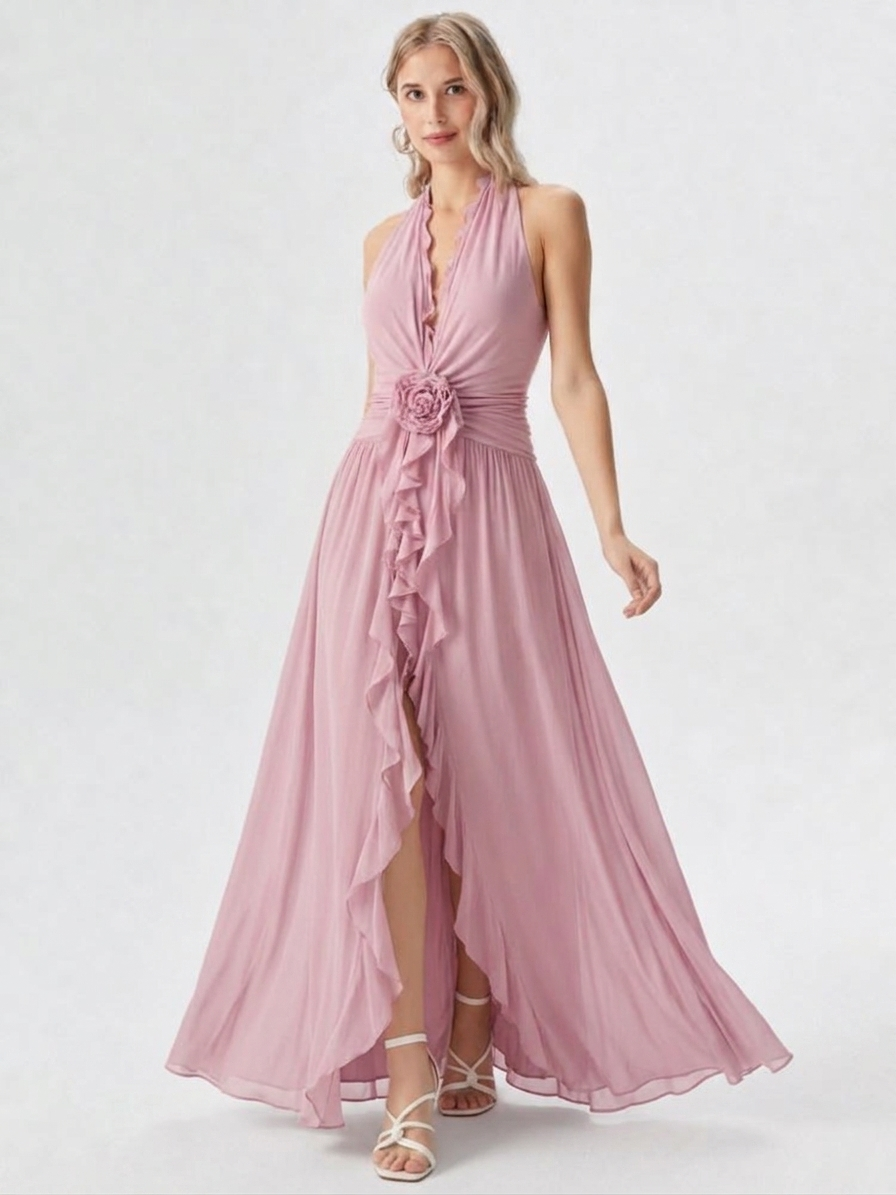Deep V Ruffle Trim High Slit Party Gown