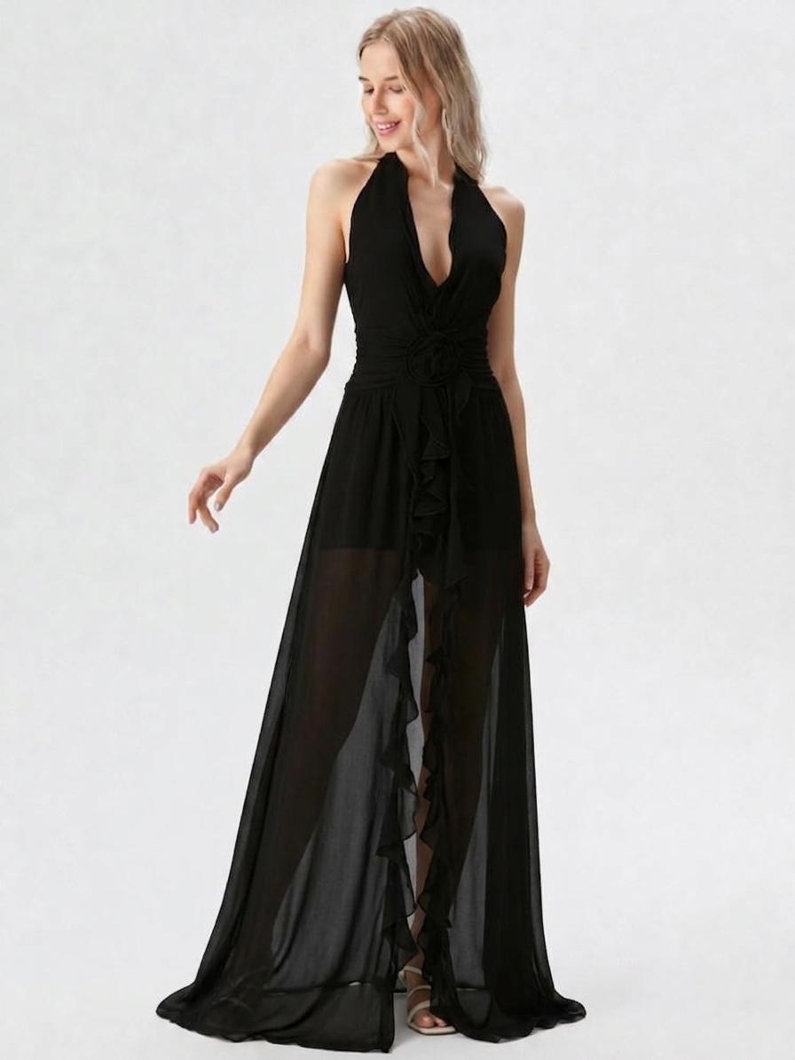 Deep V Ruffle Trim High Slit Party Gown