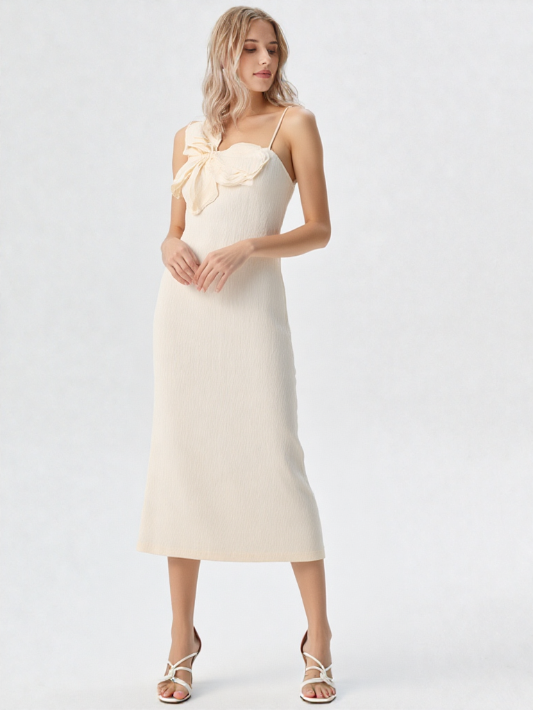 Off-Center Large Bow Fitted Sheath Midi Dress