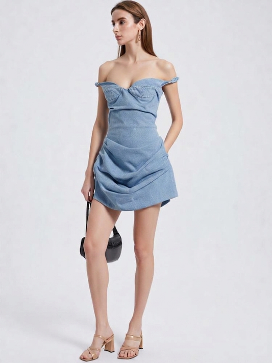 Off Shoulder Ruched Denim Mini Dress