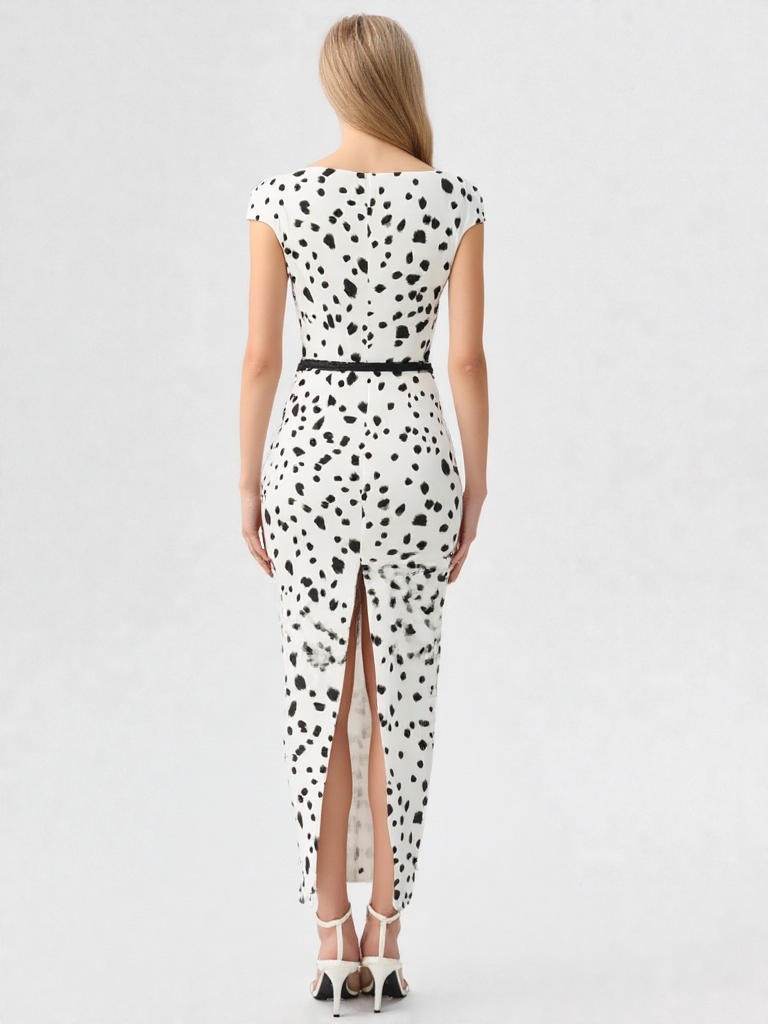 Vintage Dalmatian Print Fitted Sheath Midaxi Dress