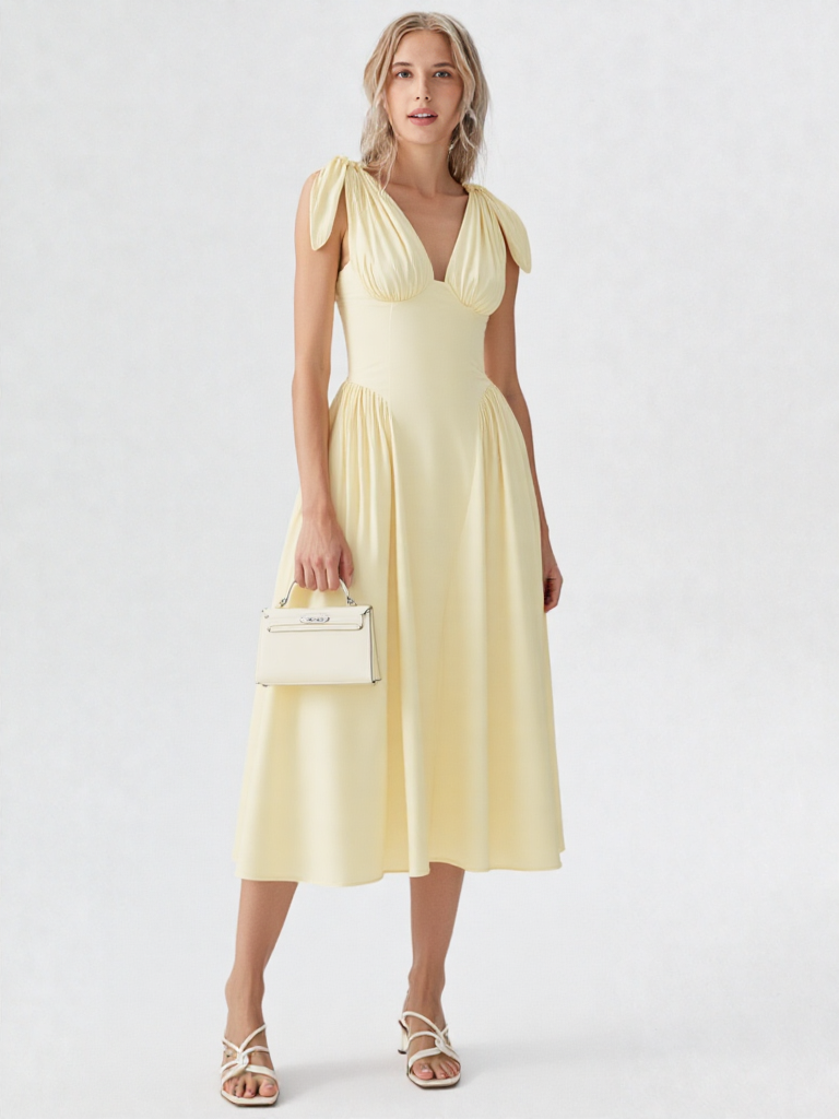 White Chiffon Bow-Strap Midi Dress