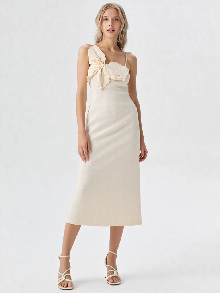 Off-Center Large Bow Fitted Sheath Midi Dress