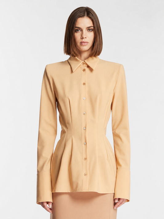 Women’s Beige Tailored Button-Up Blouse with Structured Shoulders