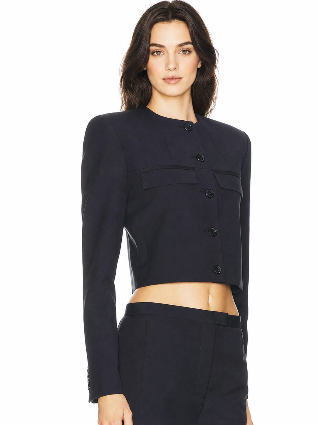 Women’s Black Cropped Button-Up Jacket with Structured Shoulders