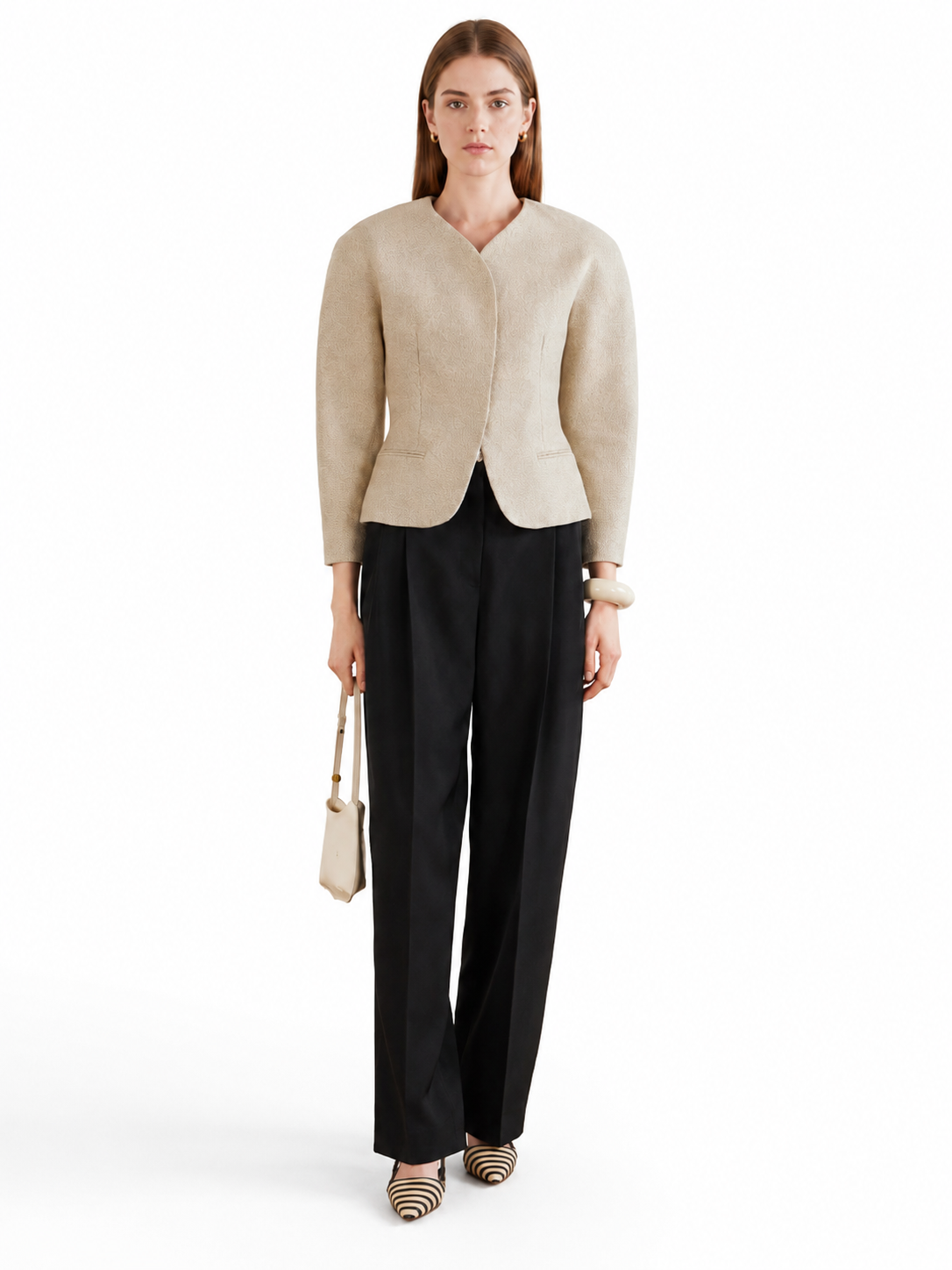 Beige Collarless Short Jacket