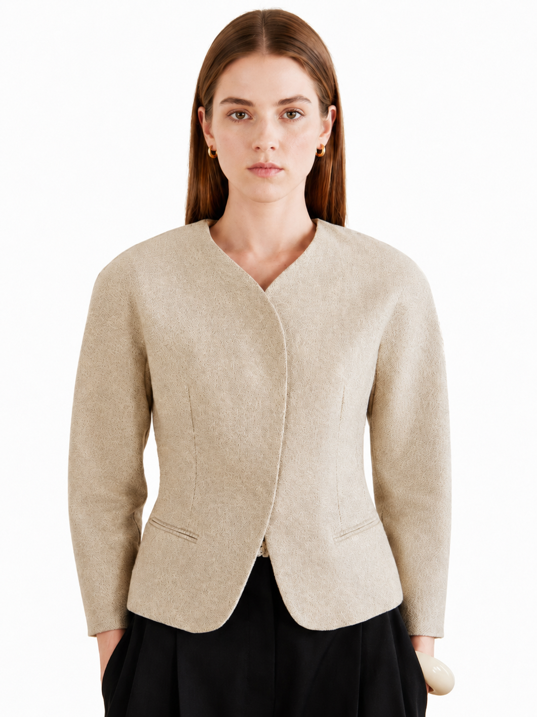 Beige Collarless Short Jacket
