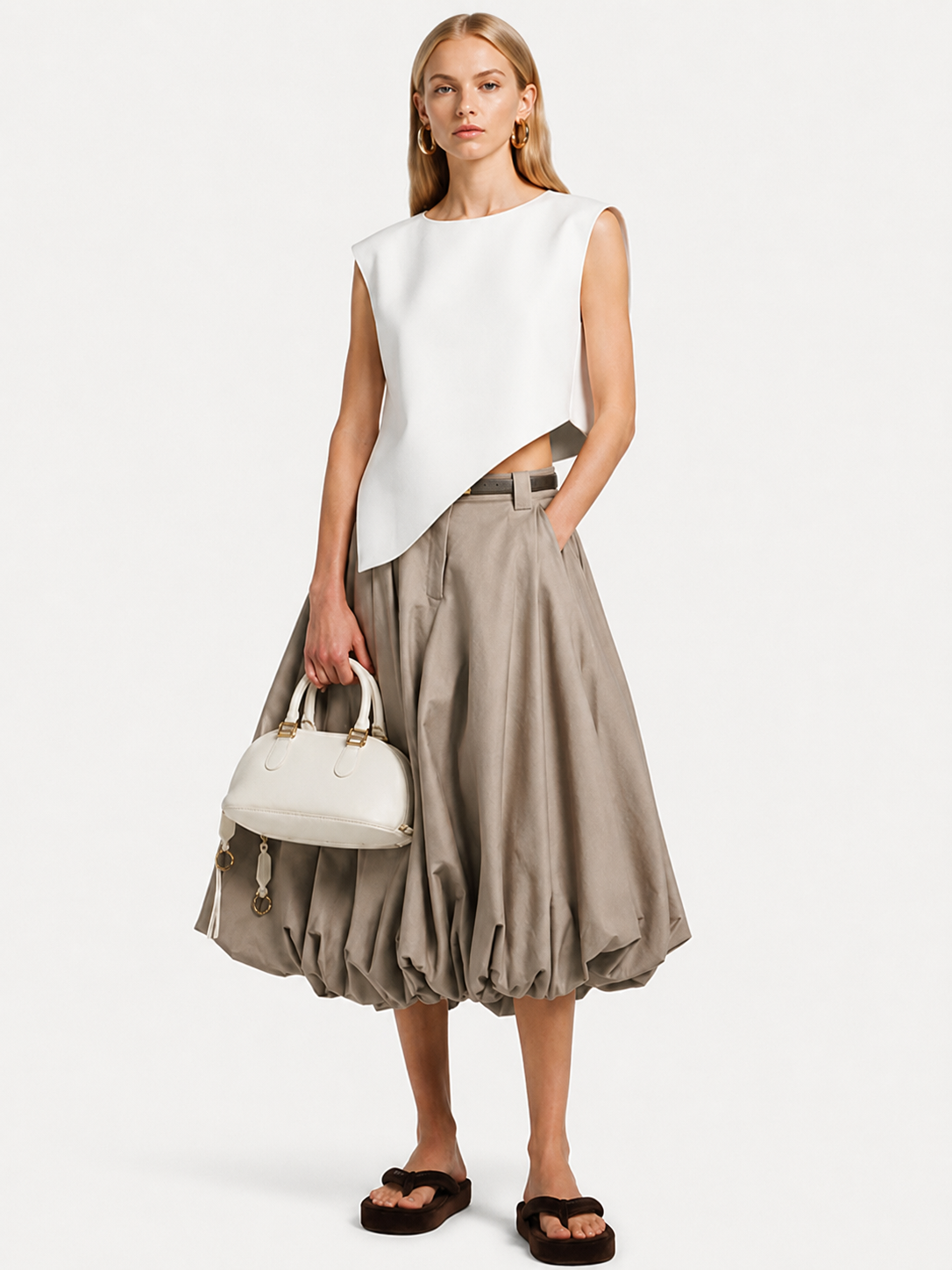 Taupe Pleated Bubble Midi Skirt
