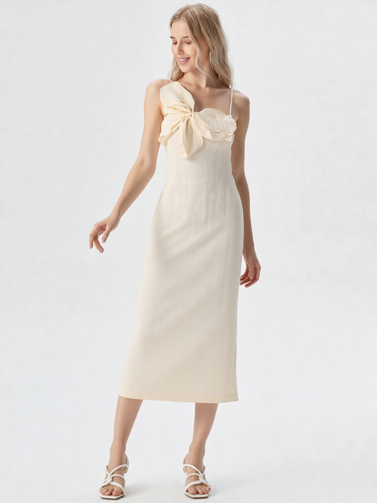 Off-Center Large Bow Fitted Sheath Midi Dress