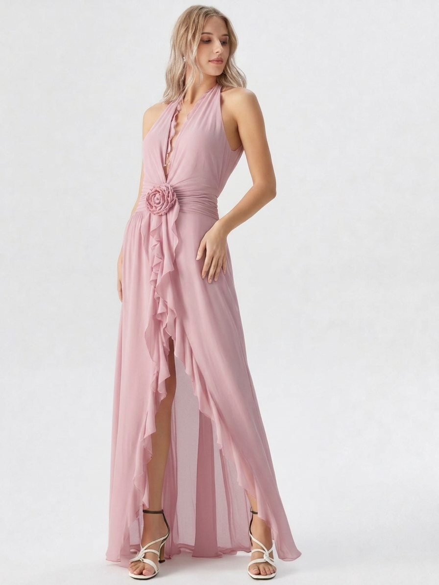 Deep V Ruffle Trim High Slit Party Gown