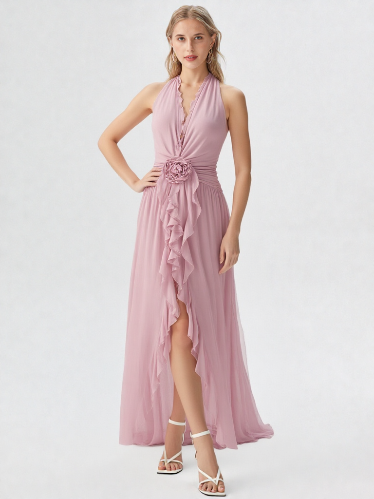 Deep V Ruffle Trim High Slit Party Gown